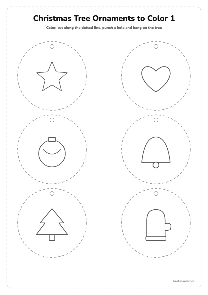 Christmas Tree Ornaments to Color 1: printable A4 sheet for kids, ready to print or fill in online