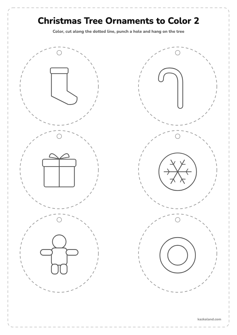 Christmas Tree Ornaments to Color 2: printable A4 sheet for kids, ready to print or fill in online