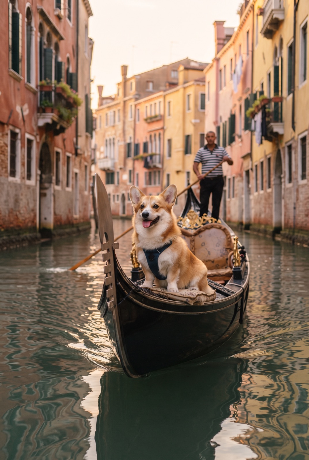 Corgi in a Venice Gondola: A happy corgi sits at the front of a gondola in a quiet Venice canal in the golden hour.