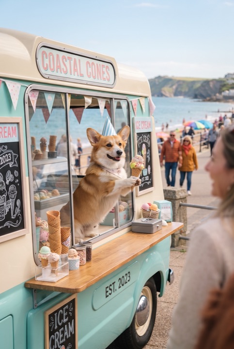 Corgi Selling Ice Cream: A corgi in a paper hat serves ice cream cones from a pastel vintage truck on a sunny seaside promenade.