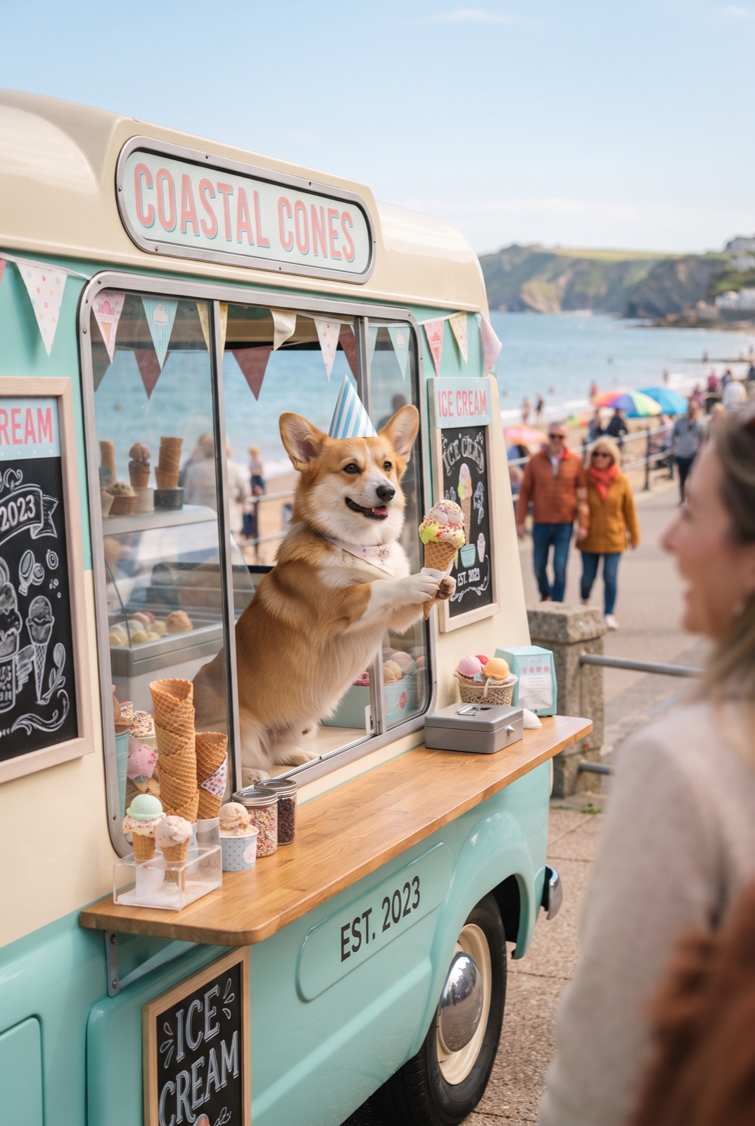 Corgi Selling Ice Cream: A corgi in a paper hat serves ice cream cones from a pastel vintage truck on a sunny seaside promenade.