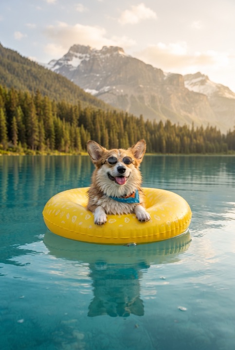 Corgi on an Inflatable Ring in a Mountain Lake: A happy corgi in tiny sunglasses floats on a yellow ring across a lake that mirrors the pines and snowy peaks.
