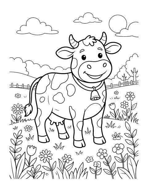 Cow coloring page for kids: a printable black and white outline picture with thick lines and big areas to color, ready for A4