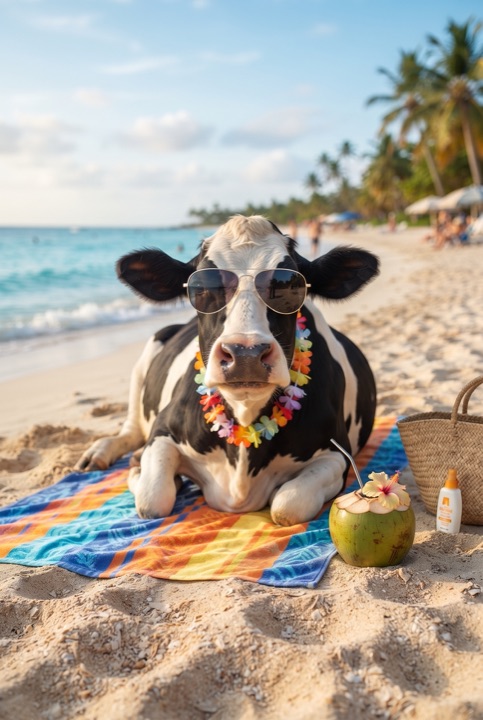 Cow in Sunglasses on the Beach: A cow in cool sunglasses lies on a beach towel with a coconut drink beside her and a turquoise sea behind.