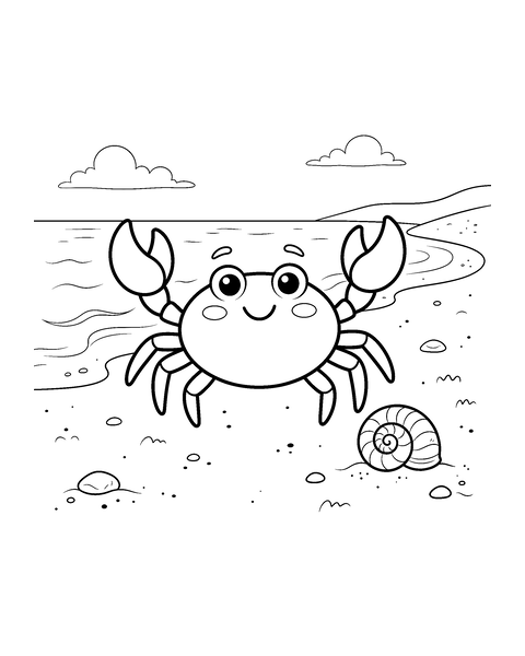 Crab coloring page for kids: a printable black and white outline picture with thick lines and big areas to color, ready for A4