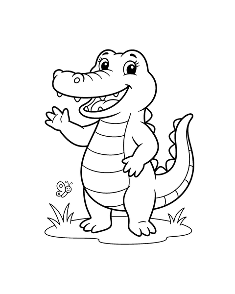 Crocodile coloring page for kids: a printable black and white outline picture with thick lines and big areas to color, ready for A4