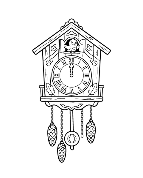 Cuckoo Clock coloring page for kids: a printable black and white outline picture with thick lines and big areas to color, ready for A4