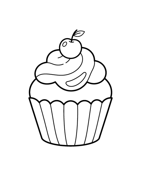 Cupcake coloring page for kids: a printable black and white outline picture with thick lines and big areas to color, ready for A4