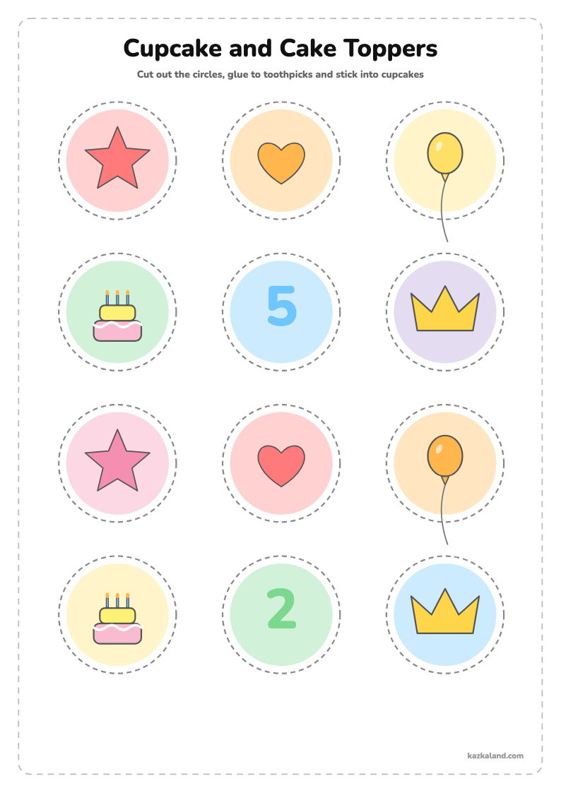Cupcake and Cake Toppers Printable: printable A4 sheet for kids, ready to print or fill in online