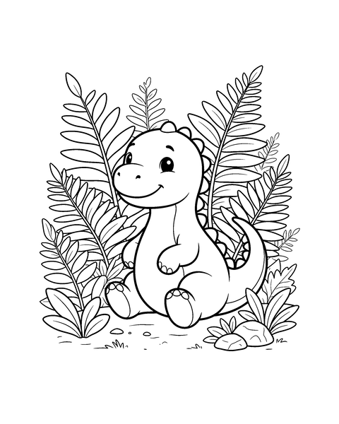 Dinosaur coloring page for kids: a printable black and white outline picture with thick lines and big areas to color, ready for A4