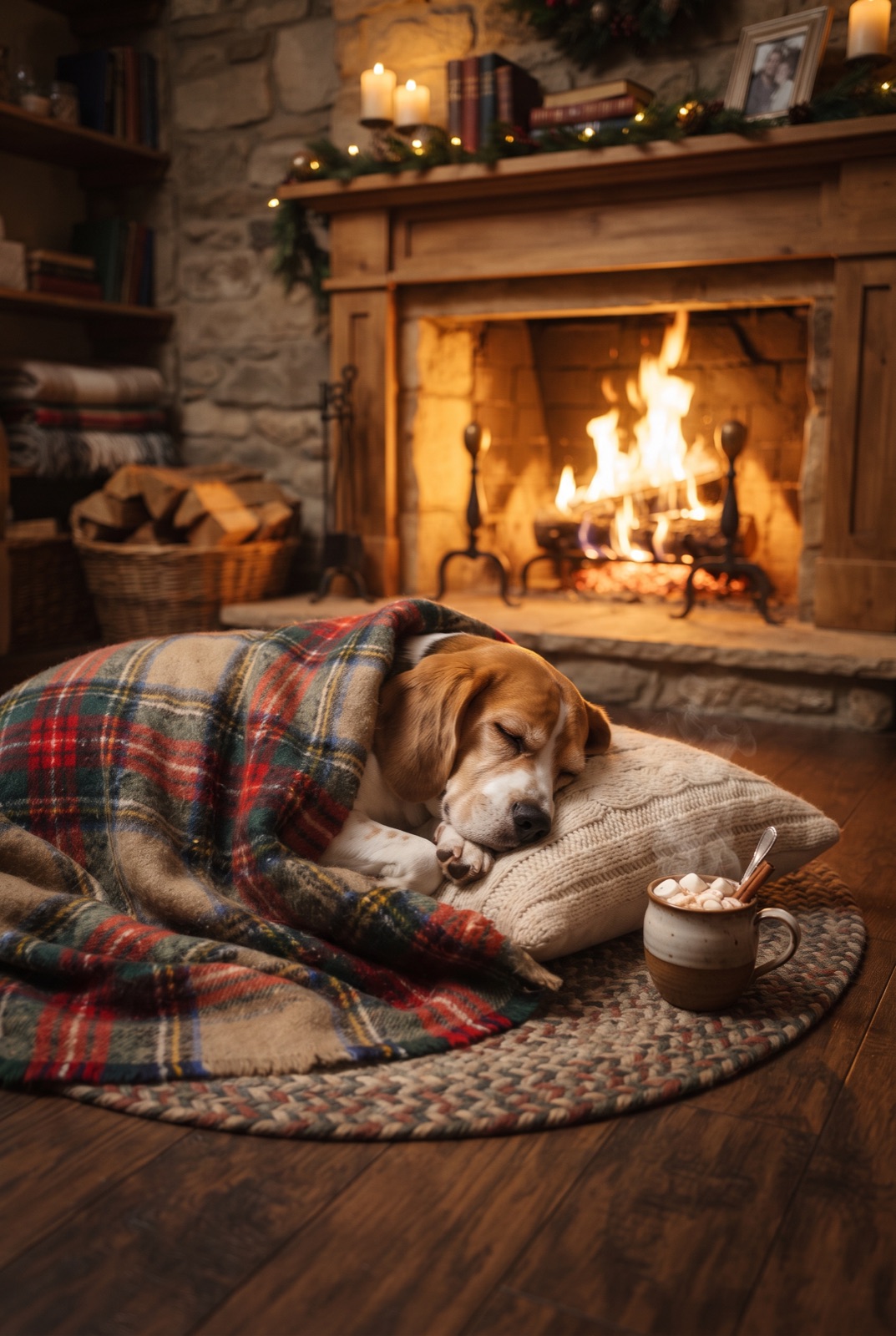Beagle by the Fireplace with Cocoa: A sleepy beagle wrapped in a plaid blanket by the fireplace, a mug of cocoa on the floor beside it.