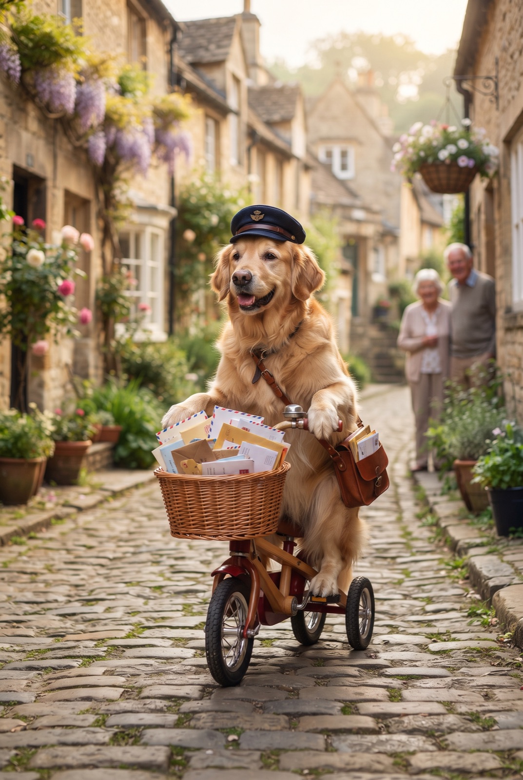 Dog Mail Carrier on a Bike: A golden retriever in a postman cap delivers letters by bicycle along a village cobblestone street, the basket full of envelopes.