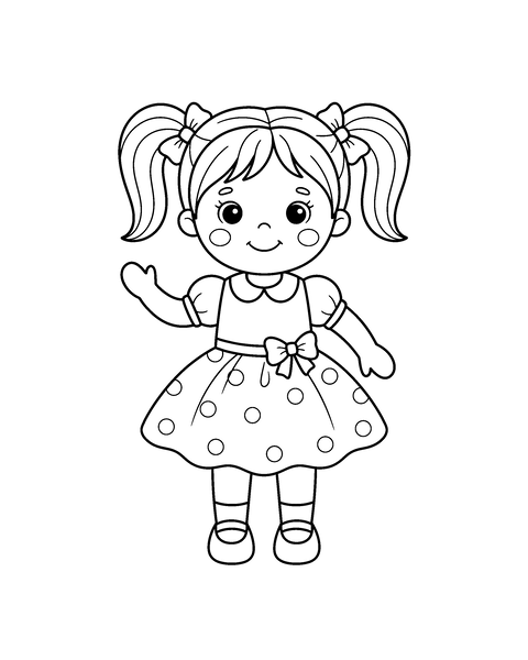 Doll coloring page for kids: a printable black and white outline picture with thick lines and big areas to color, ready for A4