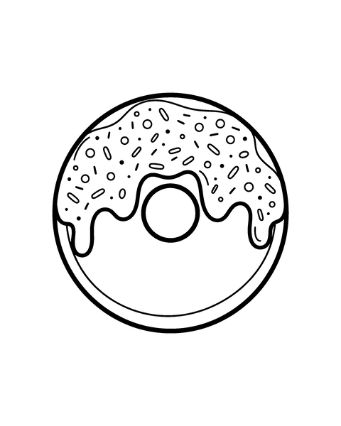 Donut coloring page for kids: a printable black and white outline picture with thick lines and big areas to color, ready for A4