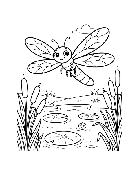 Dragonfly coloring page for kids: a printable black and white outline picture with thick lines and big areas to color, ready for A4