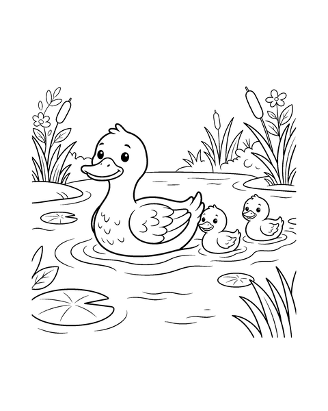 Duck coloring page for kids: a printable black and white outline picture with thick lines and big areas to color, ready for A4