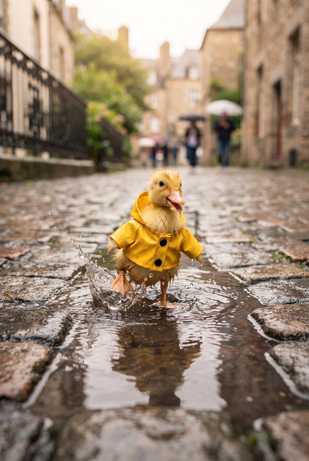 Duckling in a Yellow Raincoat: A fluffy duckling in a tiny raincoat jumps in puddles on a cobblestone street after the rain.