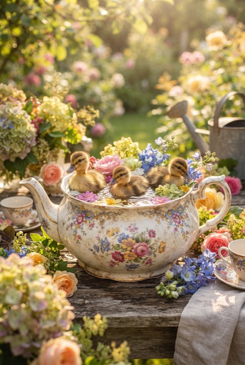 Ducklings in a Vintage Teapot: Three tiny ducklings swim in a large vintage teapot filled with water and flowers on a garden table.