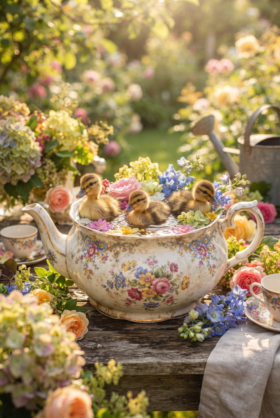 Ducklings in a Vintage Teapot: Three tiny ducklings swim in a large vintage teapot filled with water and flowers on a garden table.
