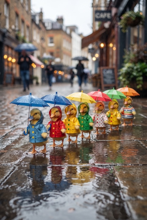 Ducklings in Raincoats with Umbrellas: A row of fluffy ducklings in colorful raincoats walks under tiny umbrellas along a wet sidewalk.