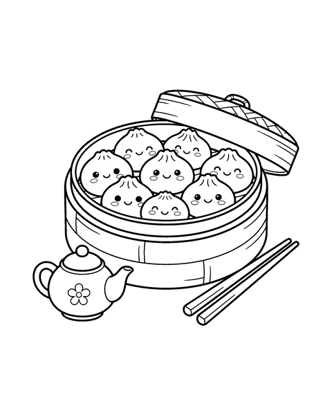 Dumplings in a Steamer coloring page for kids: a printable black and white outline picture with thick lines and big areas to color, ready for A4