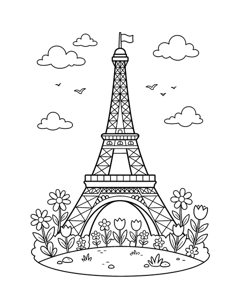 Eiffel Tower coloring page for kids: a printable black and white outline picture with thick lines and big areas to color, ready for A4