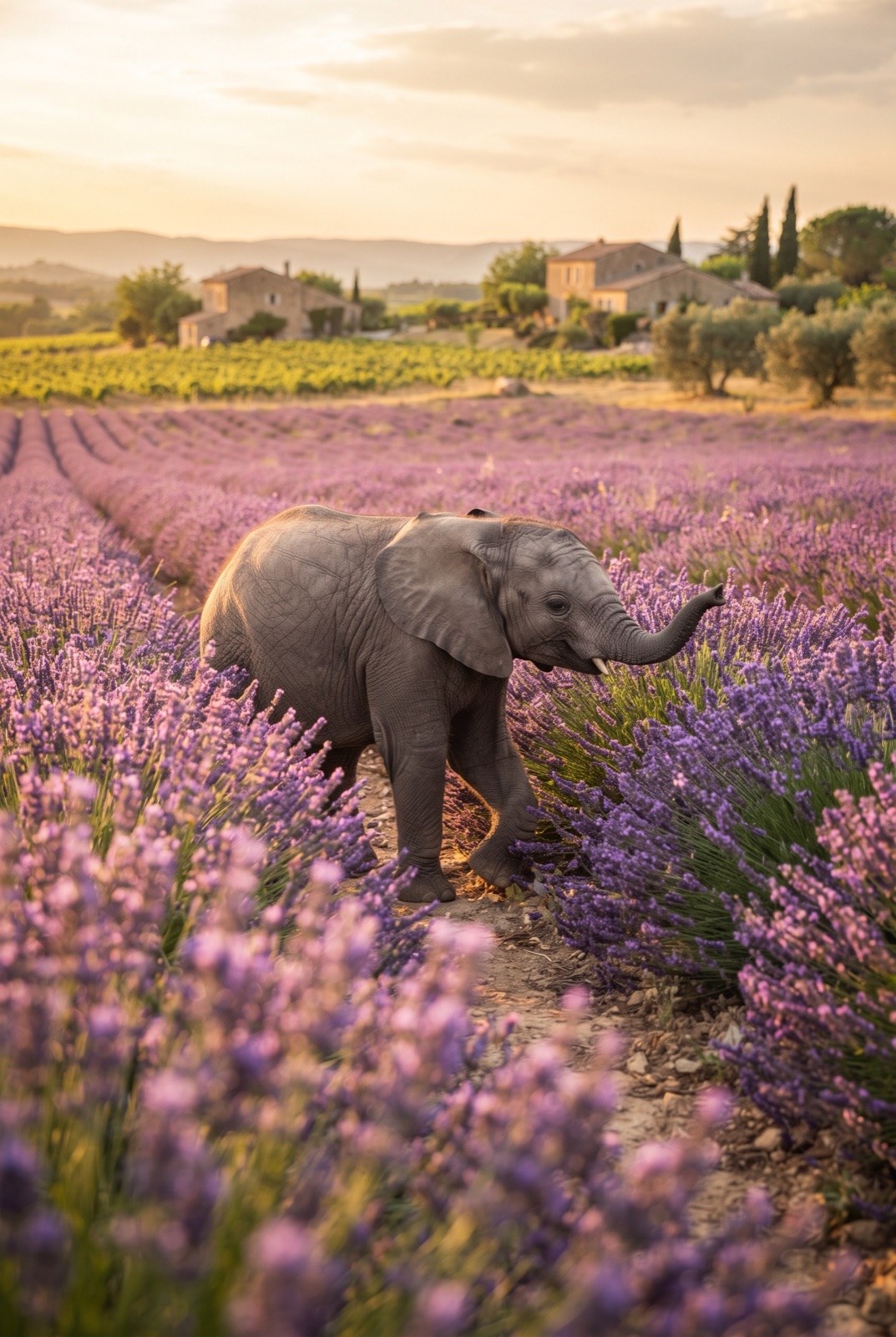 Baby Elephant in a Lavender Field: A baby elephant walks through a blooming lavender field in Provence at golden hour.