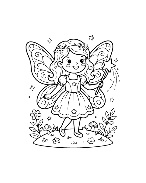 Fairy coloring page for kids: a printable black and white outline picture with thick lines and big areas to color, ready for A4