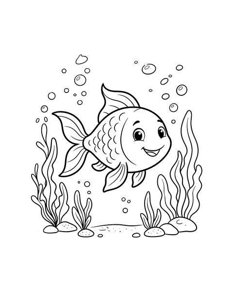 Fish coloring page for kids: a printable black and white outline picture with thick lines and big areas to color, ready for A4