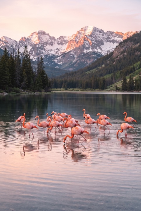 Flamingos on an Alpine Lake: Pink flamingos wade in the shallows of a calm alpine lake against pines and snowy peaks.