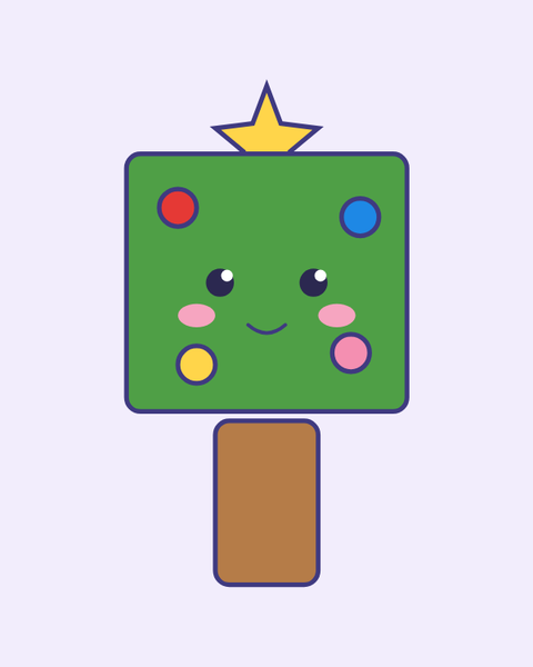 Fluffy Christmas Tree paper craft template for kids: a printable color A4 sheet with cut lines, fold lines and glue tabs, plus a preview of the finished cube toy