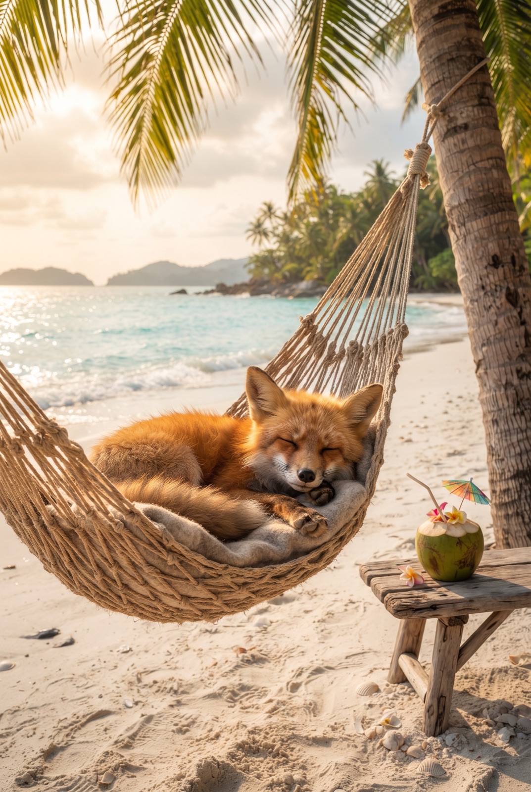 Fox Cub in a Hammock on a Tropical Beach: A red fox cub sleeps sweetly in a hammock between palm trees, with a coconut drink and a tiny umbrella on the table.