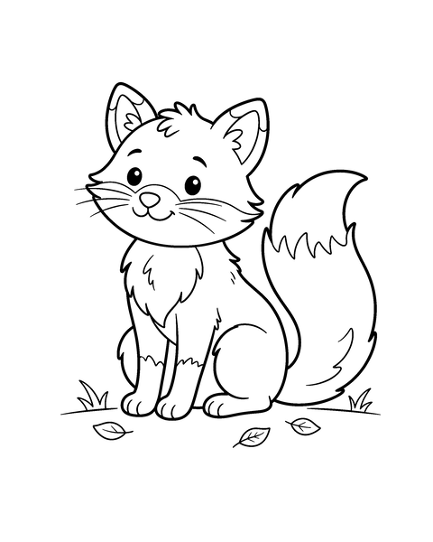 Fox coloring page for kids: a printable black and white outline picture with thick lines and big areas to color, ready for A4