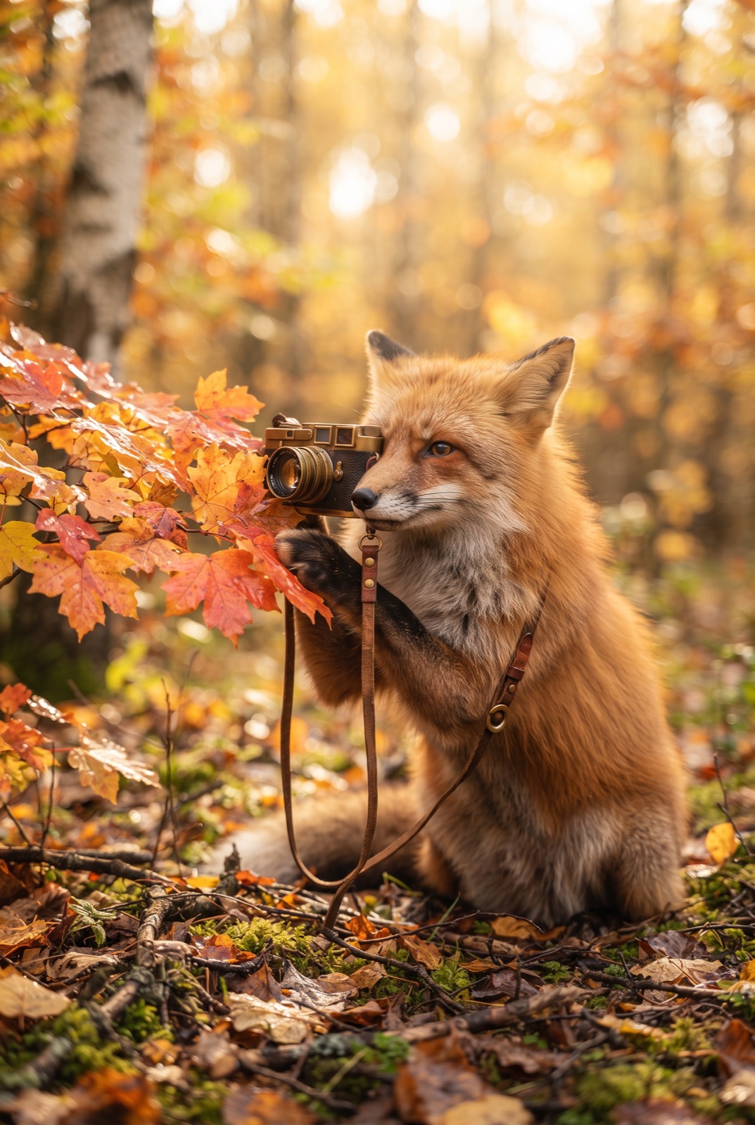Fox Photographer in an Autumn Forest: A red fox with a vintage camera around its neck photographs golden autumn leaves in the forest.