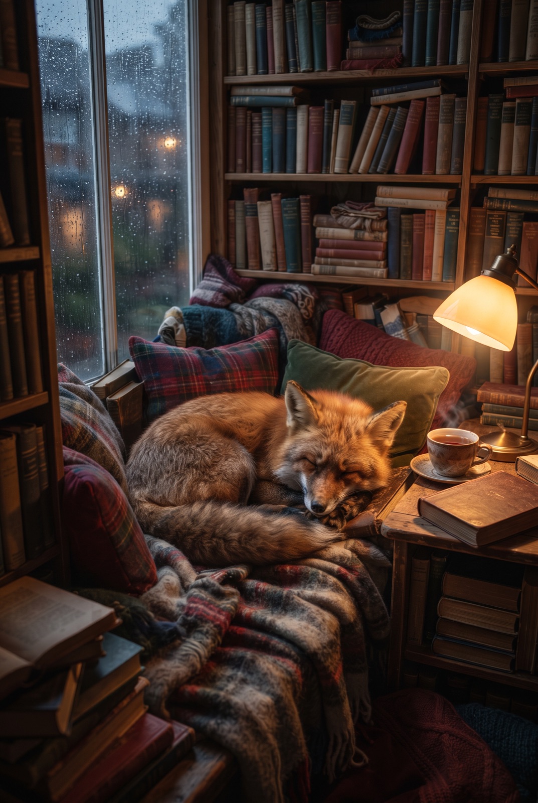 Fox in a Reading Nook: A fox curls up in a cozy nook among books and cushions while rain taps on the window.