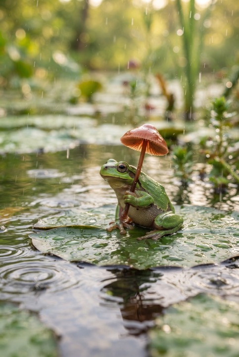Frog with a Mushroom Umbrella: A tiny green frog sits on a lily pad holding a mushroom as an umbrella in the gentle rain.