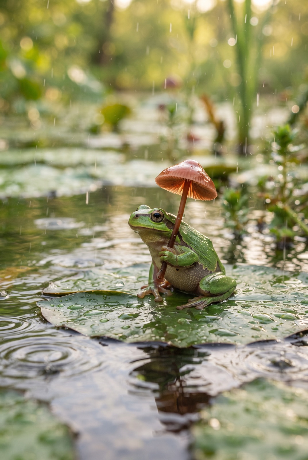 Frog with a Mushroom Umbrella: A tiny green frog sits on a lily pad holding a mushroom as an umbrella in the gentle rain.