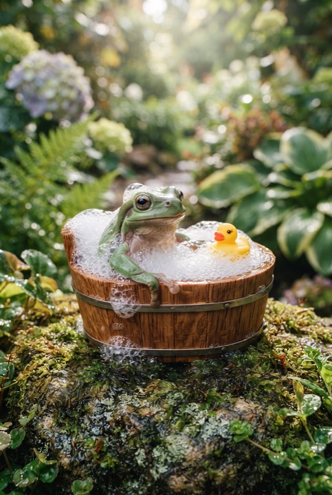 Frog in a Tiny Bathtub: A small green frog bathes in a tiny wooden tub with soap bubbles and a rubber duck on a mossy rock.