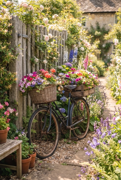 Old Bicycle as a Flower Planter: A rusty bicycle with a basket full of petunias leans on a fence and always catches the eye.