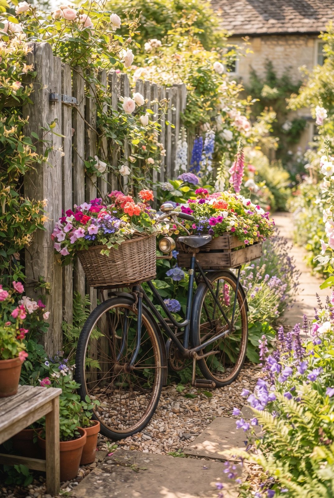 Old Bicycle as a Flower Planter: A rusty bicycle with a basket full of petunias leans on a fence and always catches the eye.