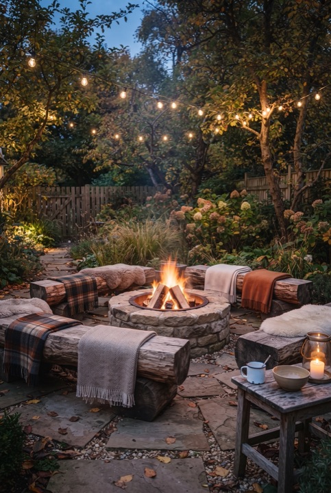 Fire Pit Area with Log Benches: A round stone fire pit surrounded by log benches and blankets: an evening under the stars.