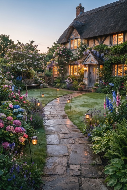 Stone Path with Lantern Lights: Flat natural stones in the grass lead to a cottage, small lanterns line the edges and glow at dusk.
