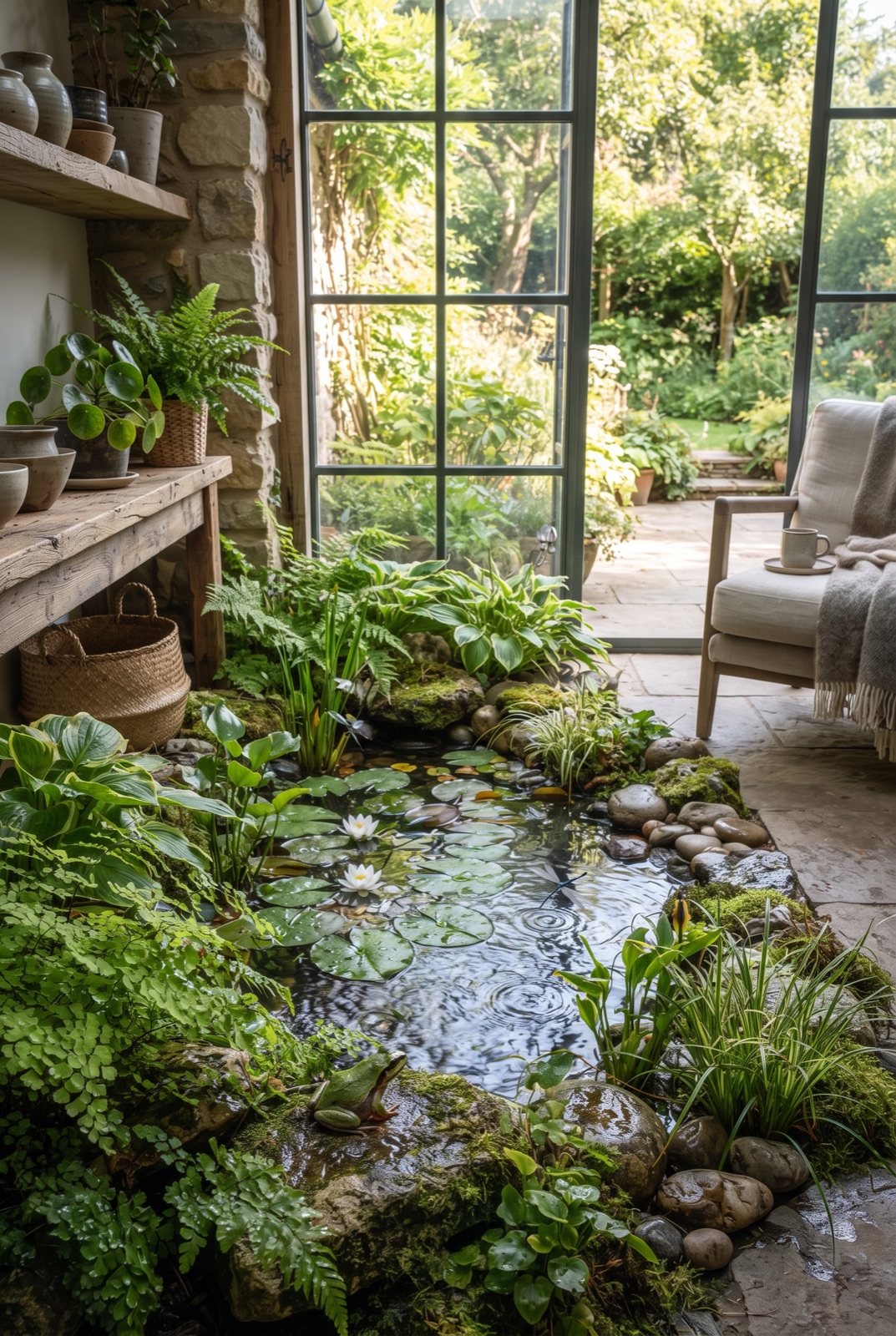 Mini Pond with Water Lilies: A small pond in a barrel or a lined hole with water lilies, stones and a tiny frog.