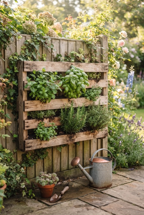 Vertical Herb Garden from a Pallet: An old wooden pallet on a wall becomes a tiered herb bed: mint, basil, rosemary and thyme grow in every slot.