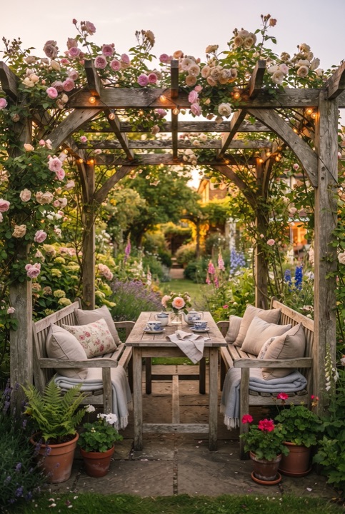 Cozy Pergola with String Lights: A wooden pergola with a climbing vine, cushions and warm string lights: a place for evening tea.
