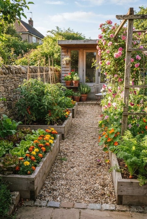 Raised Vegetable Beds: Wooden raised beds with tomatoes, lettuce and carrots, with narrow paths between them.