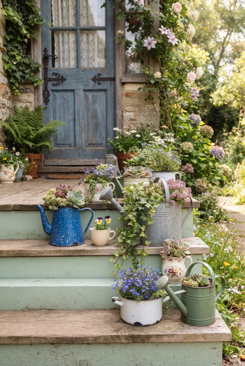 Old Teapots and Cups as Planters: Teapots, cups and watering cans with succulents and flowers arranged on porch steps.