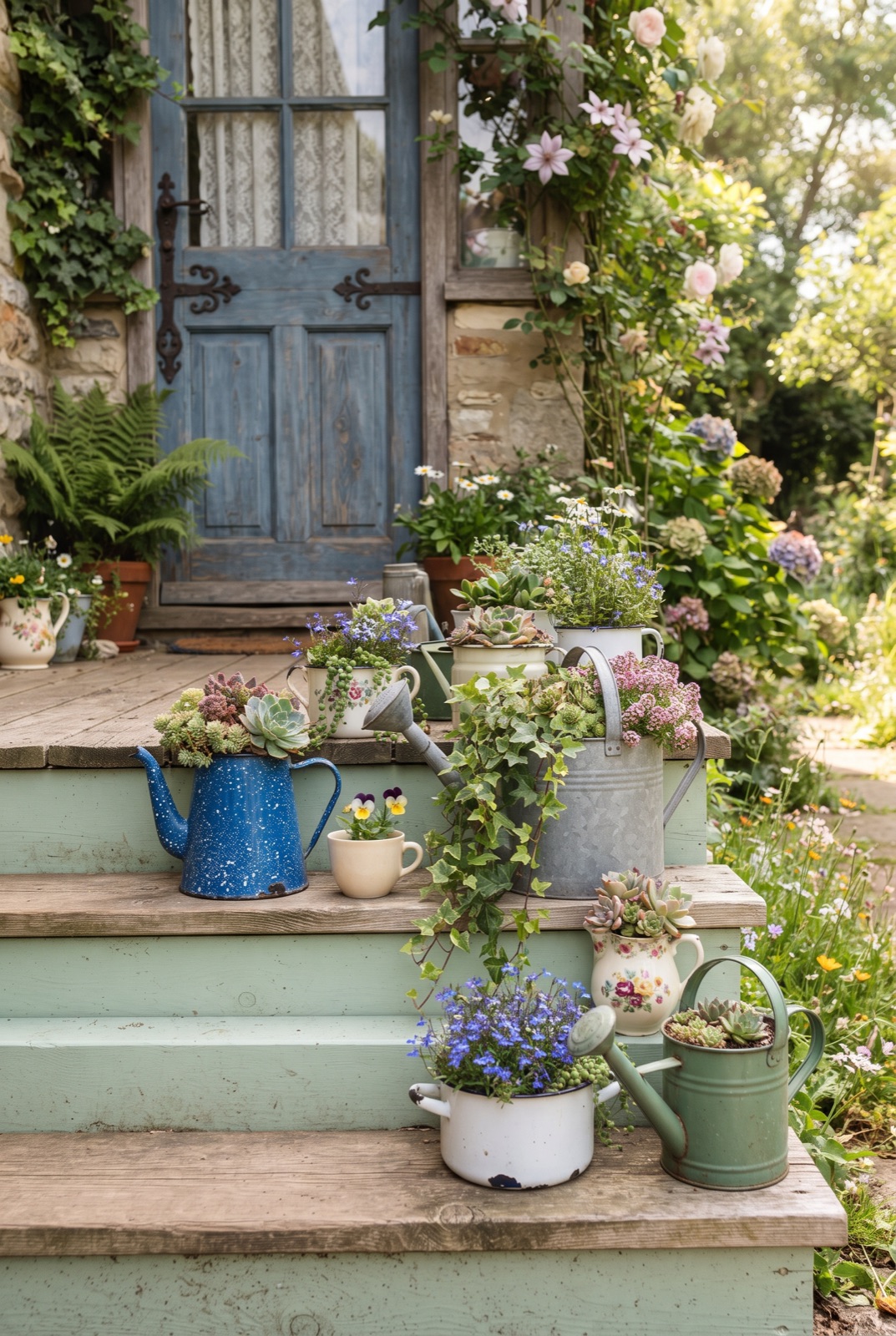 Old Teapots and Cups as Planters: Teapots, cups and watering cans with succulents and flowers arranged on porch steps.