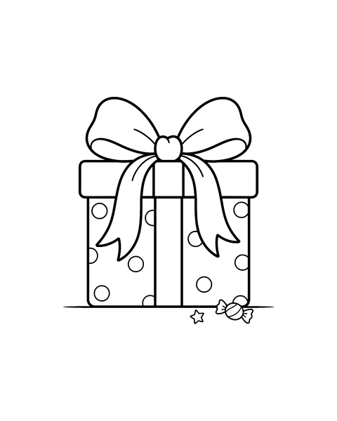 Gift Box coloring page for kids: a printable black and white outline picture with thick lines and big areas to color, ready for A4