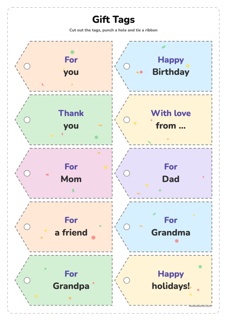 Gift Tags Printable: printable A4 sheet for kids, ready to print or fill in online